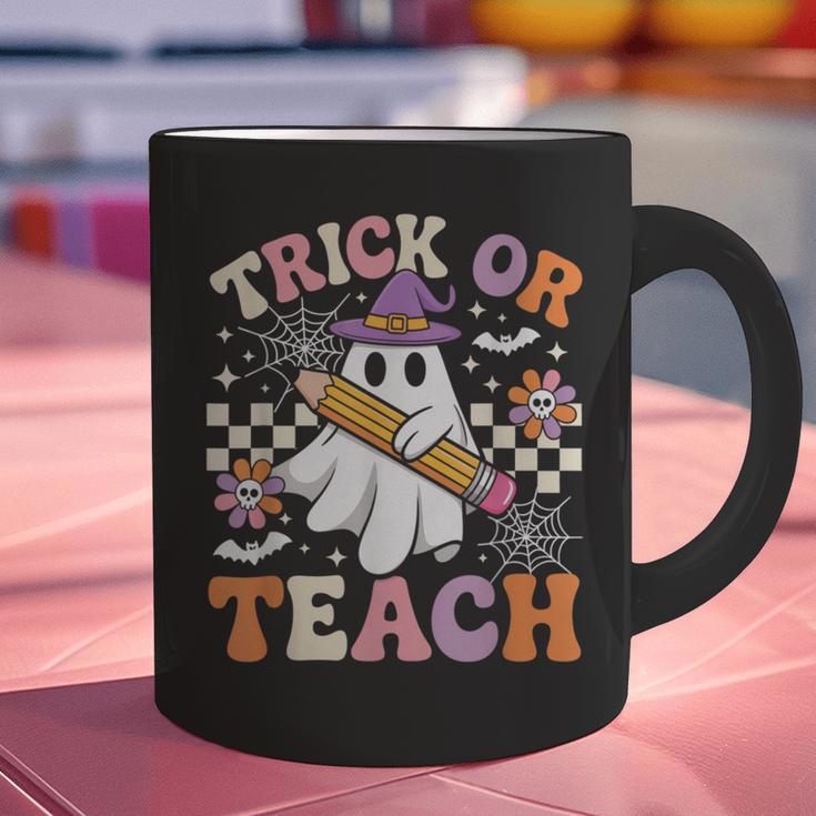 Trick Or Teach Groovy Teacher Halloween Retro Ghost Graphic Print Coffee Mug, Groovy Teacher Mugs, gift for family, gift for coworker