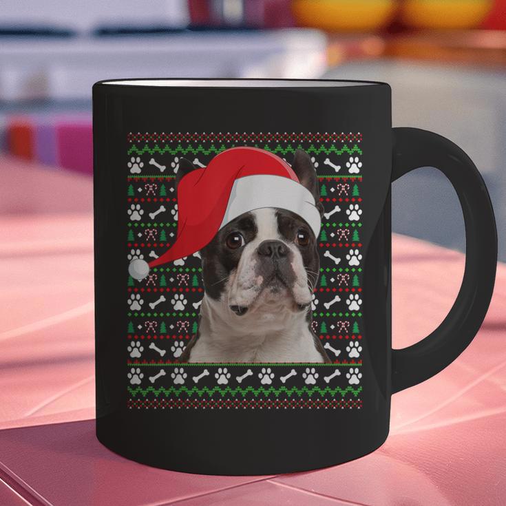 Ugly Xmas Sweater Santa Boston Terrier Dog Christmas For Men Women Kids Graphic Print Coffee Mug, Boston Terrier Christmas Mugs, gift for family, gift for coworker