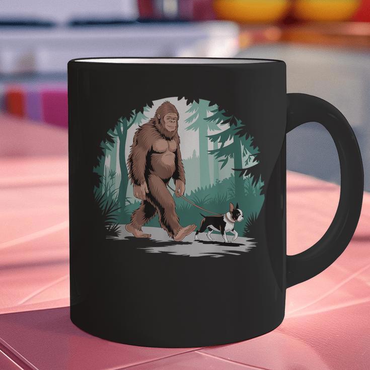 Whimsical Forest Adventures Sasquatch Bigfoot Walking Boston Terrier Dog Lovers Graphic Print Coffee Mug, gift for family, gift for coworker