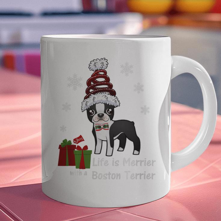 Boston Terrier Christmas T Shirt-Life Is Merrier Premium Tri-Blend Graphic Print Coffee Mug, Boston Terrier Christmas Mugs, gift for family, gift for coworker