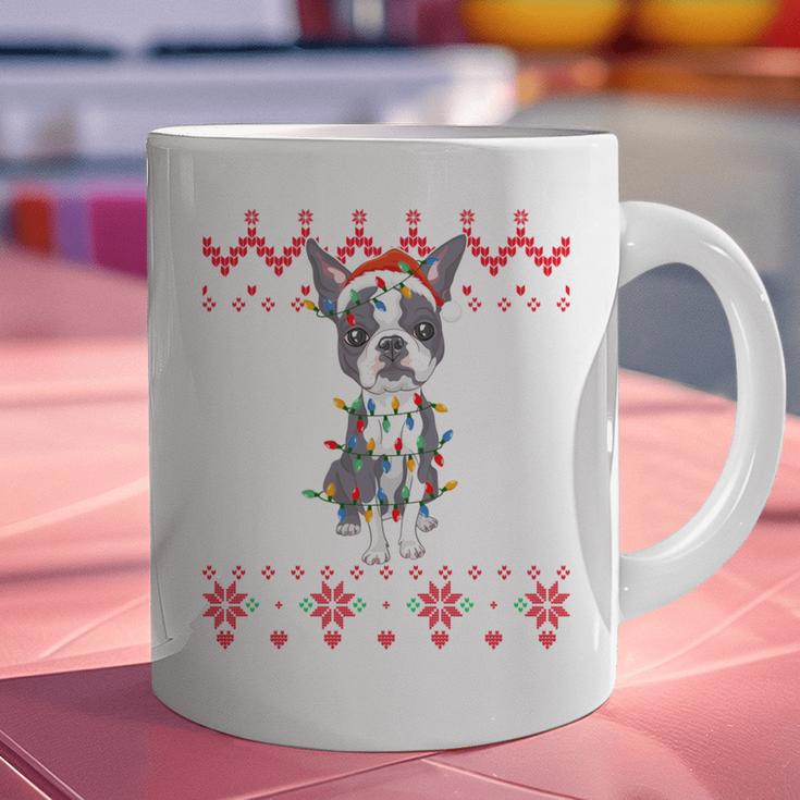 Boston Terrier Dog Santa Hat Men Kids Ugly Christmas Light Graphic Print Coffee Mug, Boston Terrier Christmas Mugs, gift for family, gift for coworker