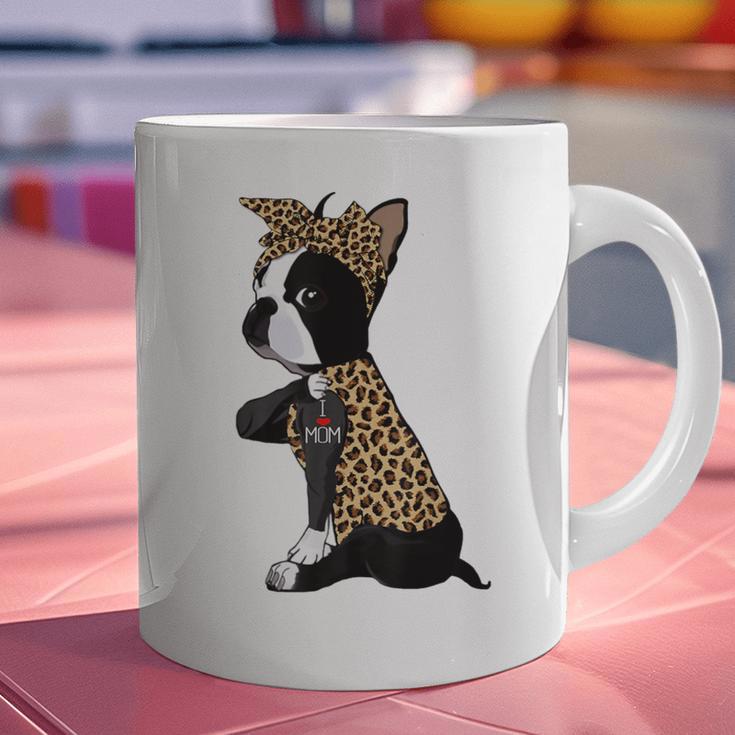 Boston Terrier Lover I Love Mom Tattoo Leopard Graphic Print Coffee Mug, Boston Terrier Mom Mugs, gift for family, gift for coworker