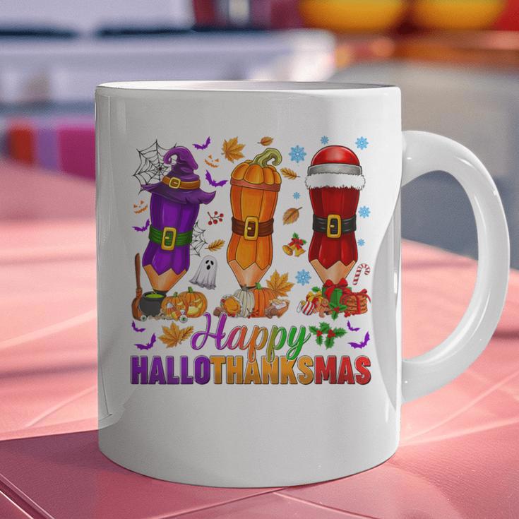 Happy Hallothanksmas Halloween Thanksgiving Pencils Teachers Graphic Print Coffee Mug, gift for family, gift for coworker