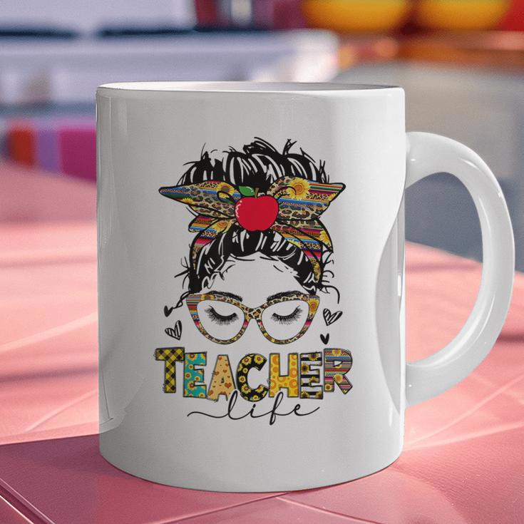 Teacher Life Messy Bun Glasses Leopard Sunflower Graphic Print Coffee Mug, gift for family, gift for coworker