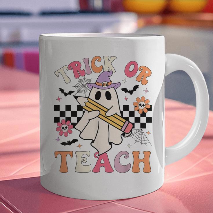 Trick Or Teach Groovy Teacher Halloween Retro Floral Ghost Graphic Print Coffee Mug, Groovy Teacher Mugs, gift for family, gift for coworker