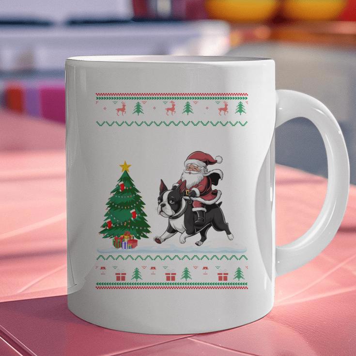 Ugly Christmas Tree Lights Xmas Santa Riding Boston Terrier Graphic Print Coffee Mug, Boston Terrier Christmas Mugs, Boston Terrier Riding Mugs, gift for family, gift for coworker