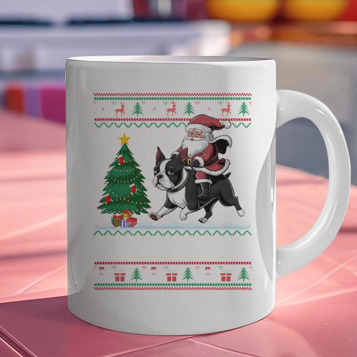 Xmas Tree Lighting Santa Riding Boston Terrier Christmas Graphic Print Coffee Mug, Boston Terrier Christmas Mugs, Boston Terrier Riding Mugs, gift for family, gift for coworker