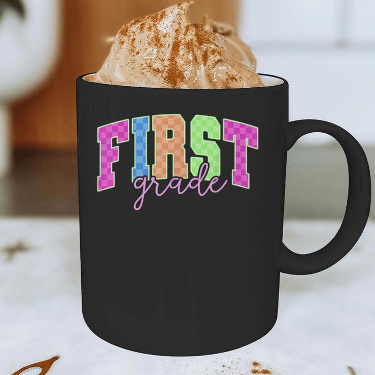 Back To School Neon Checkered First Grade Colorful Teacher Graphic Print Coffee Mug, novelty gifts, funny gifts