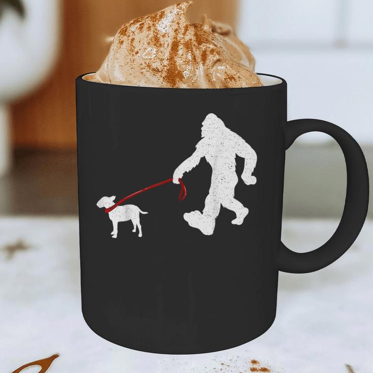 Bigfoot Walking With Bull Terrier Dog Graphic Print Coffee Mug, novelty gifts, funny gifts