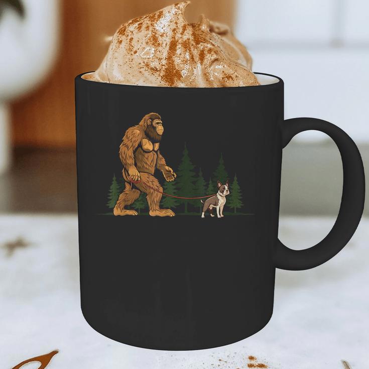 Boston Terrier Bigfoot Dog Walking Dog Mom Dad Kids Graphic Print Coffee Mug, novelty gifts, funny gifts