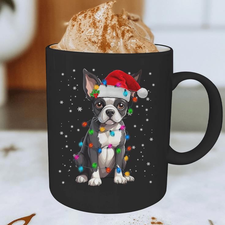 Boston Terrier Christmas Santa Hat Tree Lights Pajama Graphic Print Coffee Mug, novelty gifts, funny gifts