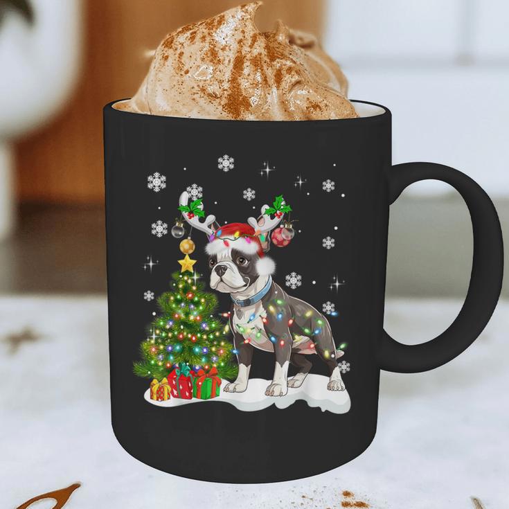Boston Terrier Christmas Tree Lights Santa Hat Graphic Print Coffee Mug, novelty gifts, funny gifts