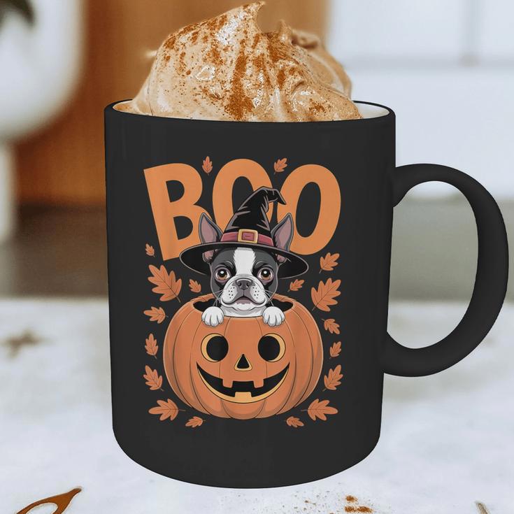 Boston Terrier Costume On Pumpkin Halloween Boston Terrier Graphic Print Coffee Mug, novelty gifts, funny gifts