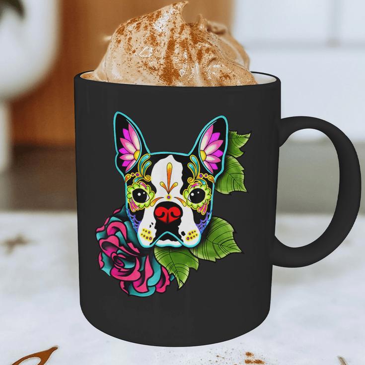 Boston Terrier In Day Of The Dead Sugar Skull Dog Graphic Print Coffee Mug, novelty gifts, funny gifts