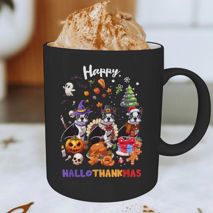 Boston Terrier Dog Christmas Happy Hallothankmas Halloween For Men Women Kids Graphic Print Coffee Mug, novelty gifts, funny gifts