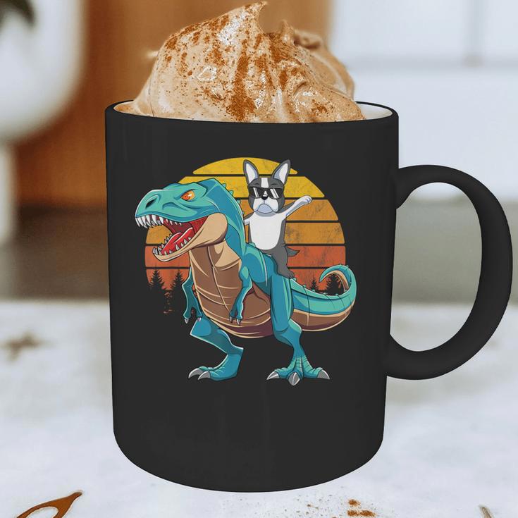 Boston Terrier Dog Riding Dinosaur T Rex Boys Graphic Print Coffee Mug, novelty gifts, funny gifts