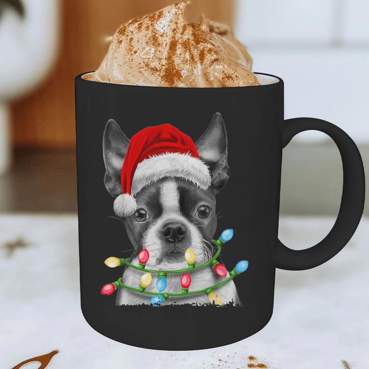 Boston Terrier Dog Santa Christmas Tree Lights Xmas Graphic Print Coffee Mug, novelty gifts, funny gifts