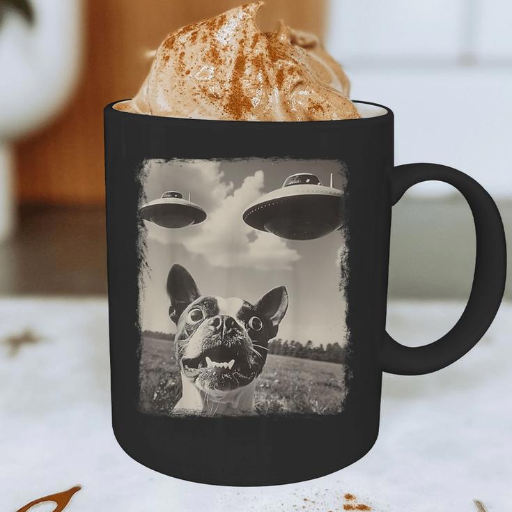 Boston Terrier Dog UFO Alien Extraterrestrial Selfie Graphic Print Coffee Mug, novelty gifts, funny gifts