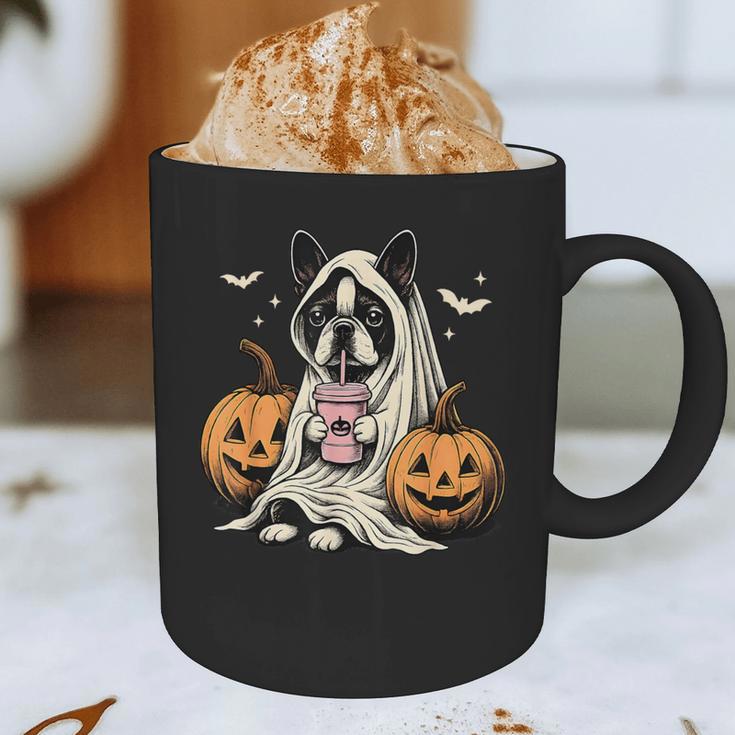 Boston Terrier Ghost Boo Halloween Costume Spooky Season Graphic Print Coffee Mug, novelty gifts, funny gifts