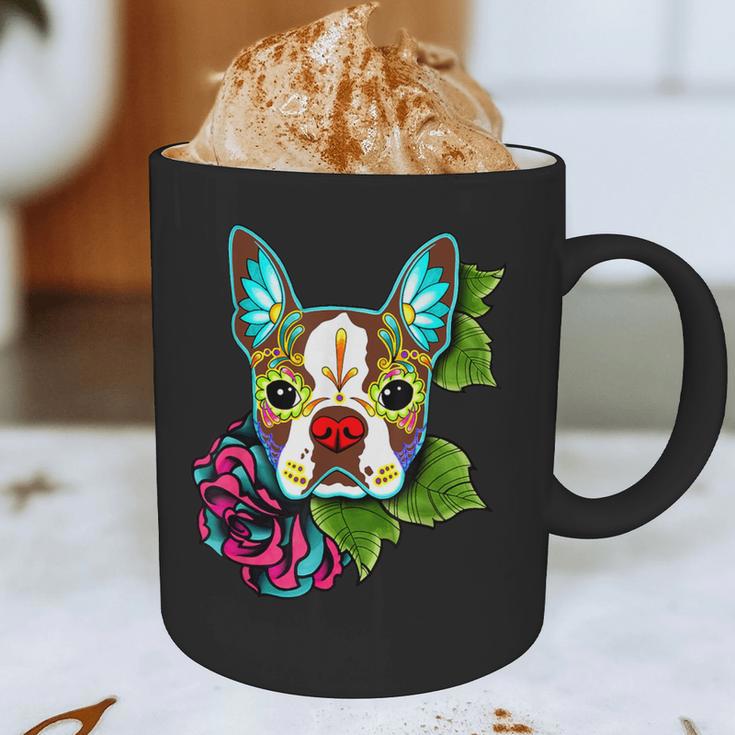 Boston Terrier In Red Day Of The Dead Sugar Skull Dog Graphic Print Coffee Mug, novelty gifts, funny gifts