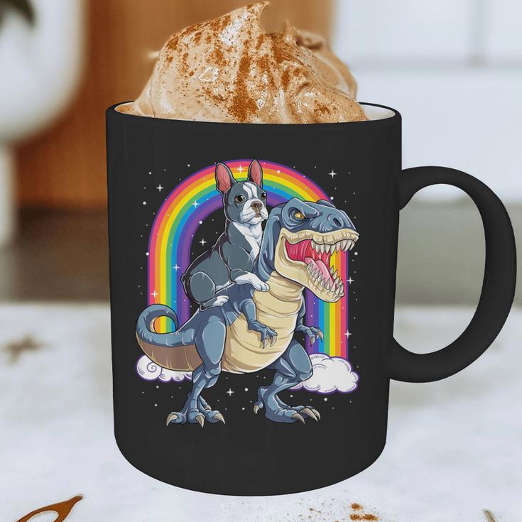 Boston Terrier Riding Dinosaur T-Rex Boys Kids Rainbow Graphic Print Coffee Mug, novelty gifts, funny gifts