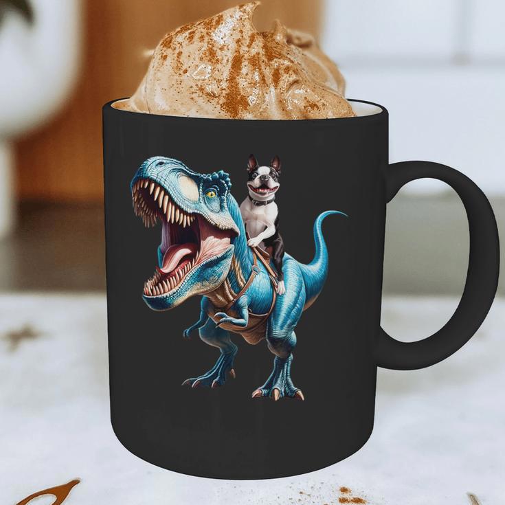 Boston Terrier Riding T-Rex Dinosaur Dog Lover Graphic Print Coffee Mug, novelty gifts, funny gifts