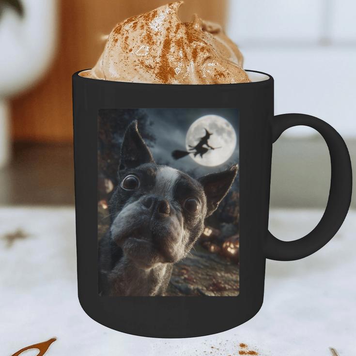 Boston Terrier Selfie Full Moon Flying Witch Halloween Dog Graphic Print Coffee Mug, novelty gifts, funny gifts