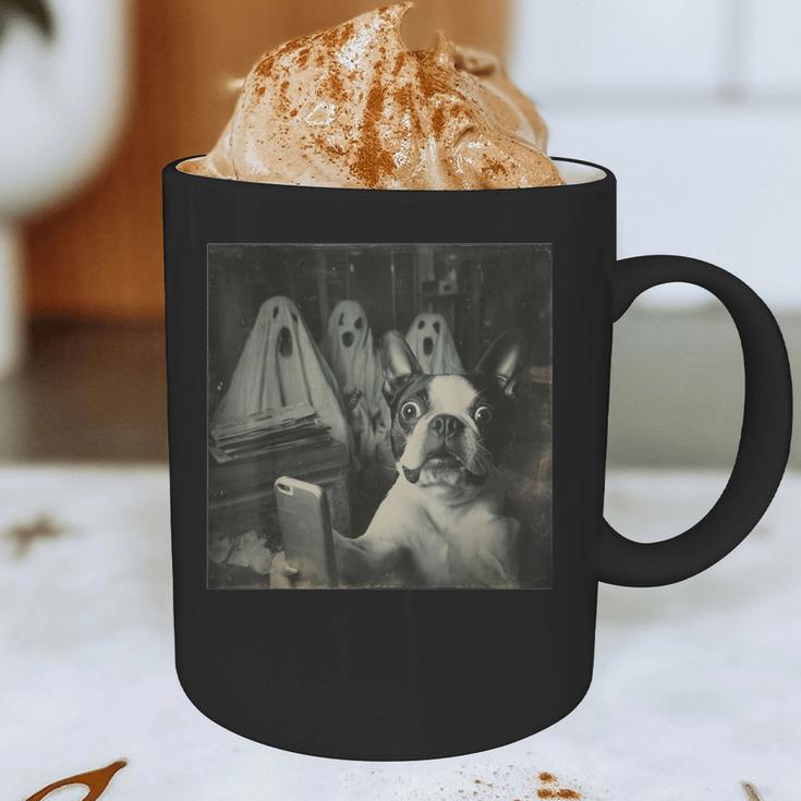 Boston Terrier Selfie With Ghosts Halloween Dog Lover Graphic Print Coffee Mug, novelty gifts, funny gifts