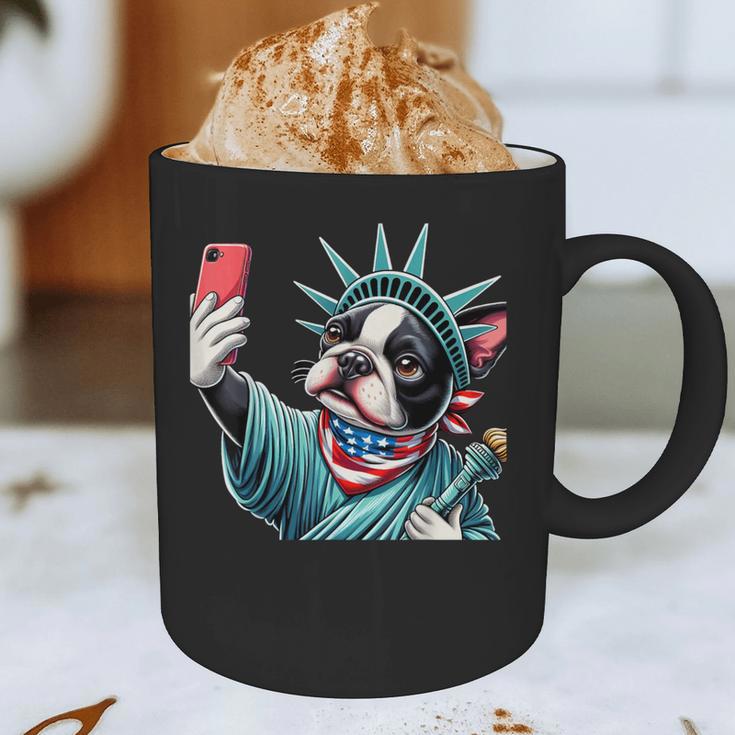 Boston Terrier Selfie Statue Of Liberty 4th Of July American Graphic Print Coffee Mug, novelty gifts, funny gifts