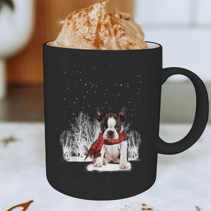 Boston Terrier In The Snow Merry Christmas Winter Graphic Print Coffee Mug, novelty gifts, funny gifts