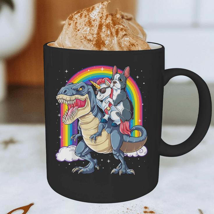 Boston Terrier Unicorn Riding Dinosaur T-Rex Girls Rainbow Graphic Print Coffee Mug, novelty gifts, funny gifts