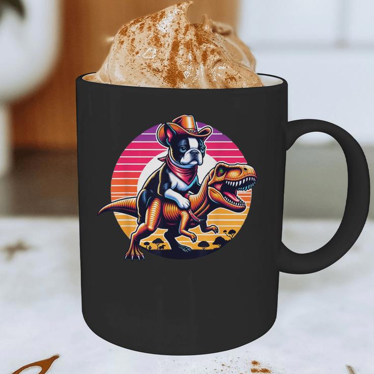 Boston Terrier Wearing A Cowboy Hat On T-Rex Graphic Print Coffee Mug, novelty gifts, funny gifts