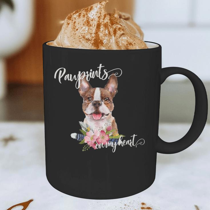 Brown Boston Terrier With Flowers And Feathers Graphic Print Coffee Mug, novelty gifts, funny gifts