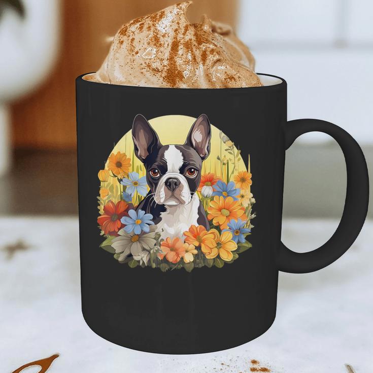 Cute Boston Terrier Spring Flower Garden Colorful Puppy Dog Graphic Print Coffee Mug, novelty gifts, funny gifts