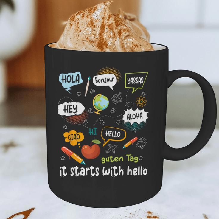 Friendship Inclusion Language Teacher It Starts With Hello Graphic Print Coffee Mug, novelty gifts, funny gifts Friendship Inclusion Language Teacher It Starts With Hello Graphic Print Coffee Mug, novelty gifts, funny gifts