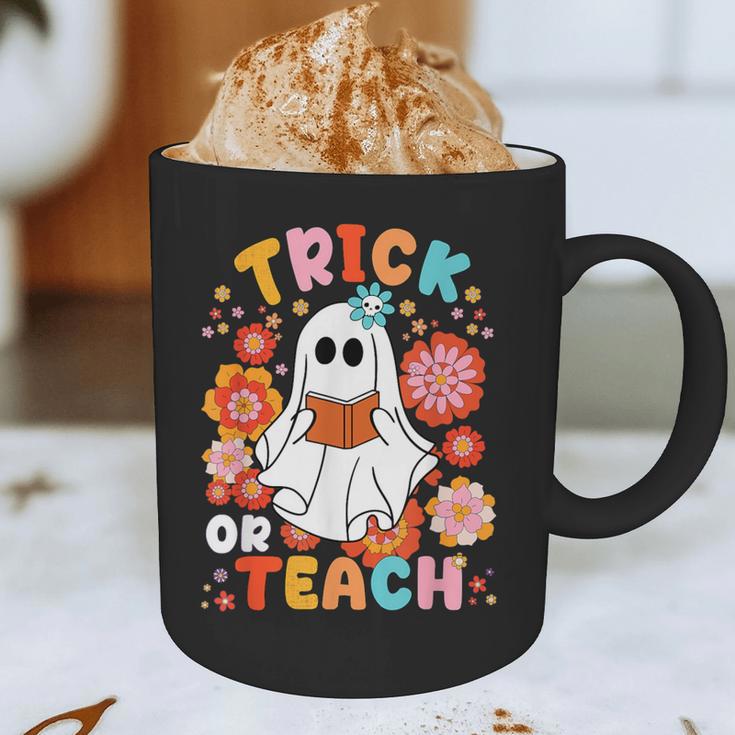 Groovy Halloween Trick Or Teach Retro Floral Ghost Teacher For Men Women Kids Graphic Print Coffee Mug, novelty gifts, funny gifts