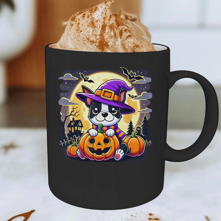 Halloween Boston Terrier Dog Breed With Jack O' Lantern Art Graphic Print Coffee Mug, novelty gifts, funny gifts