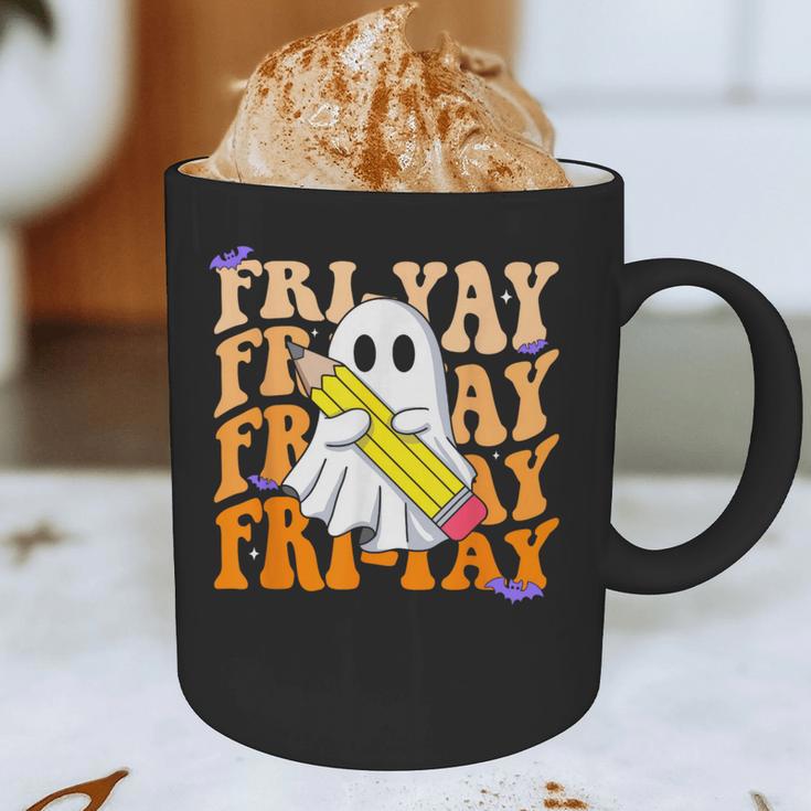 Happy Fri-Yay Friday Lovers Groovy Teacher Life Halloween Graphic Print Coffee Mug, novelty gifts, funny gifts