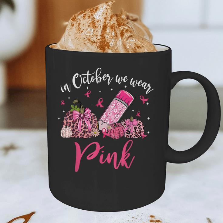 In October We Wear Pink Apple Teacher Daisy Breast Cancer Graphic Print Coffee Mug, novelty gifts, funny gifts