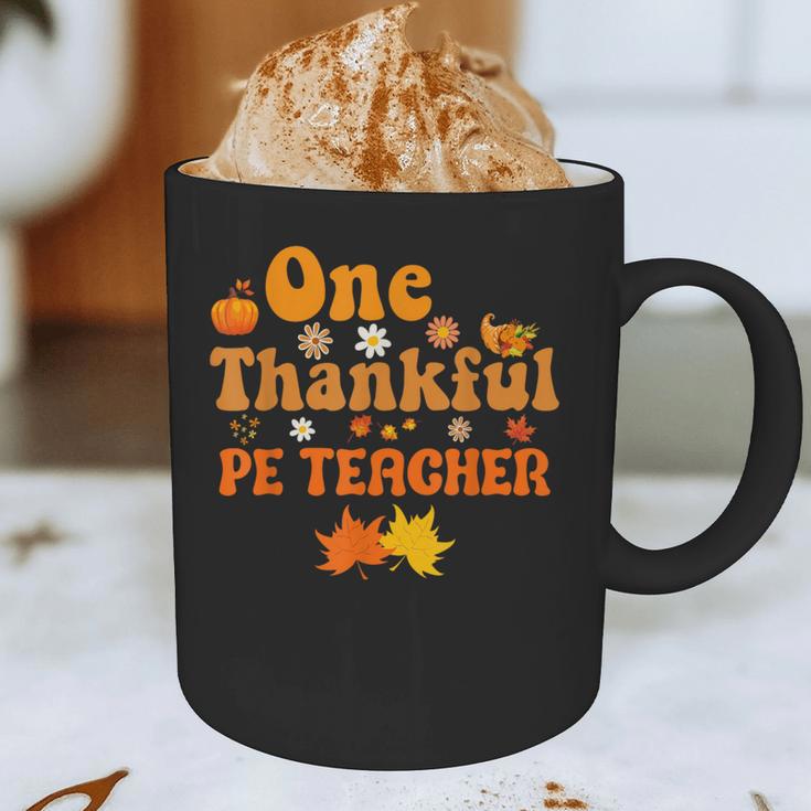 One Thankful PE Teacher Thanksgiving Fall Autumn Groovy Graphic Print Coffee Mug, novelty gifts, funny gifts