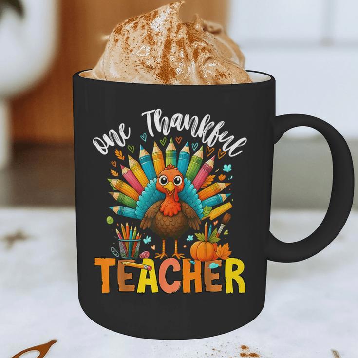 One Thankful Teacher Thanksgiving Turkey Cute Crayon Pencil Graphic Print Coffee Mug, novelty gifts, funny gifts