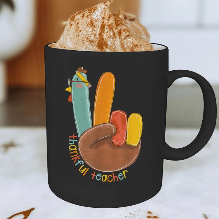 One Thankful Teacher Thanksgiving Turkey Peace Hand Sign Graphic Print Coffee Mug, novelty gifts, funny gifts One Thankful Teacher Thanksgiving Turkey Peace Hand Sign Graphic Print Coffee Mug, novelty gifts, funny gifts