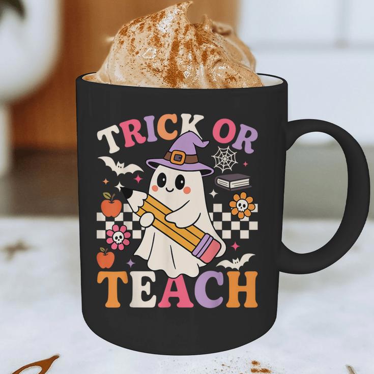 Retro Floral Ghost Trick Or Teach Groovy Teacher Halloween Graphic Print Coffee Mug, novelty gifts, funny gifts