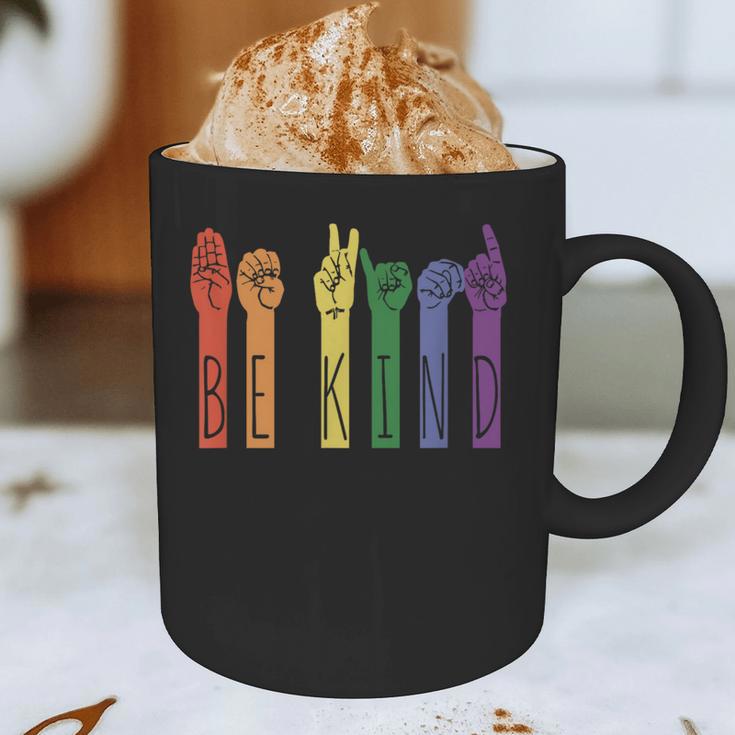 Retro Be Kind ASL Deaf Teacher Sign Language Gay Pride Graphic Print Coffee Mug, novelty gifts, funny gifts
