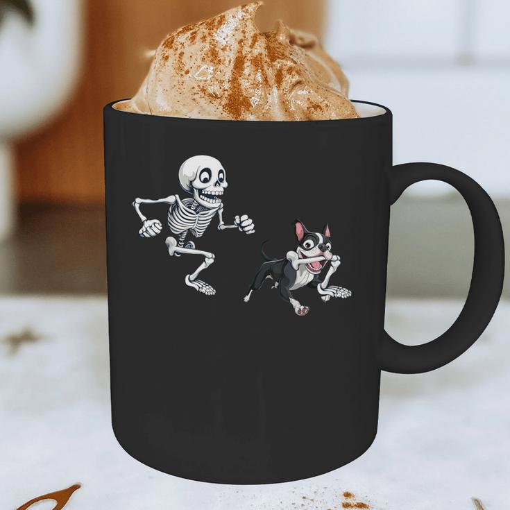 Skeleton Chasing Dog Boston Terrier Halloween Pet Lover Graphic Print Coffee Mug, novelty gifts, funny gifts
