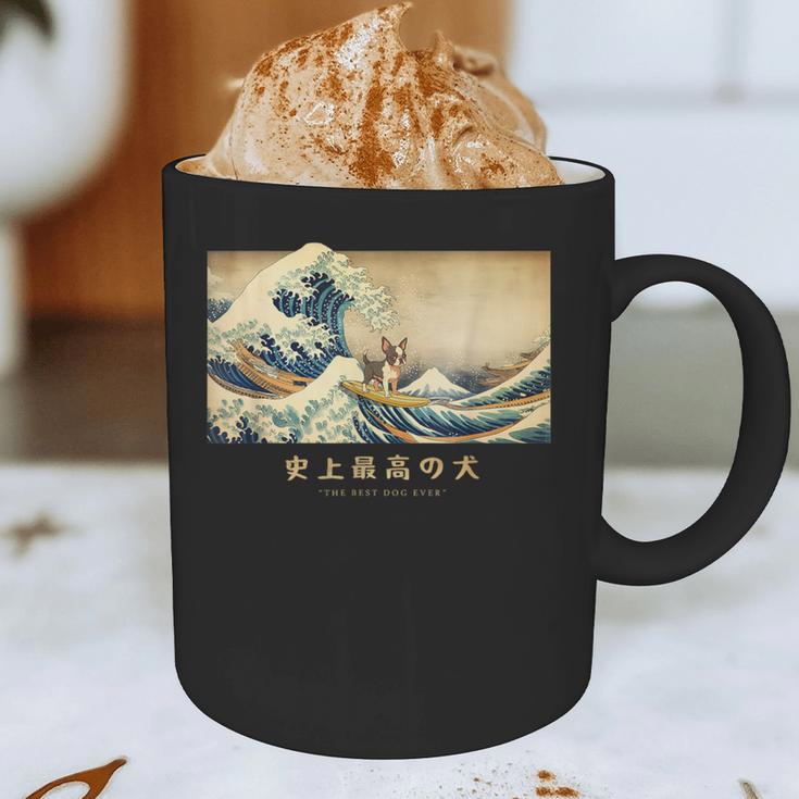 Surfing Boston Terrier Kanagawa Wave Japanese Dog For Men Women Kids Graphic Print Coffee Mug, novelty gifts, funny gifts
