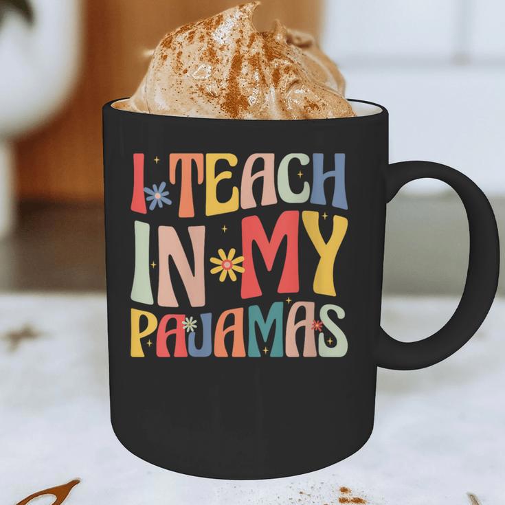 I Teach In My Pajamas Retro Groovy Teacher Humor Graphic Print Coffee Mug, novelty gifts, funny gifts