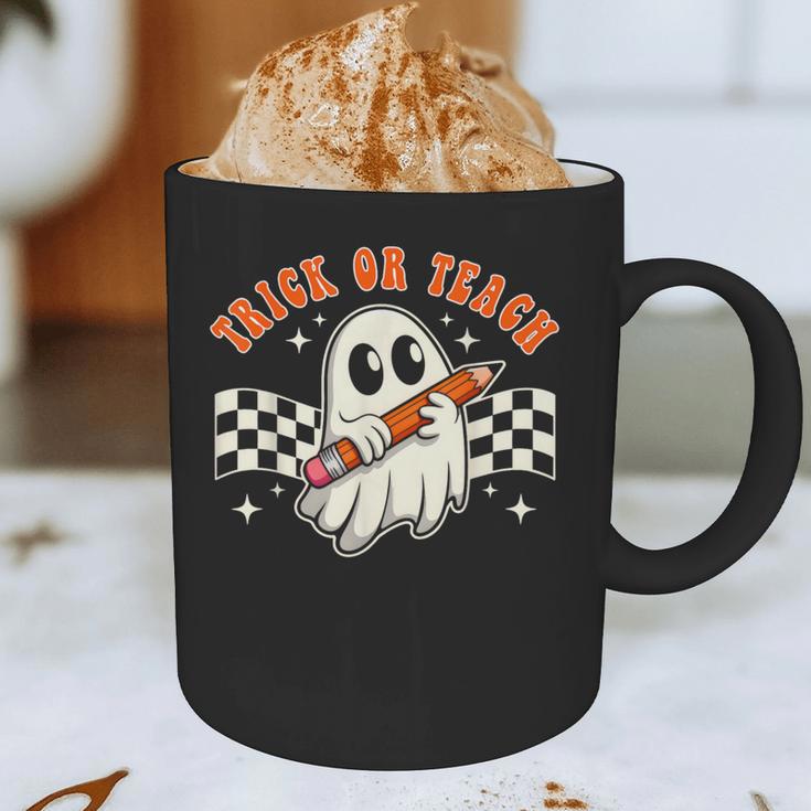 Trick Or Teach Groovy Retro Ghost Halloween Teacher Kids Graphic Print Coffee Mug, novelty gifts, funny gifts