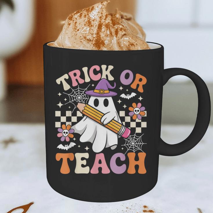 Trick Or Teach Groovy Teacher Halloween Retro Ghost Graphic Print Coffee Mug, novelty gifts, funny gifts