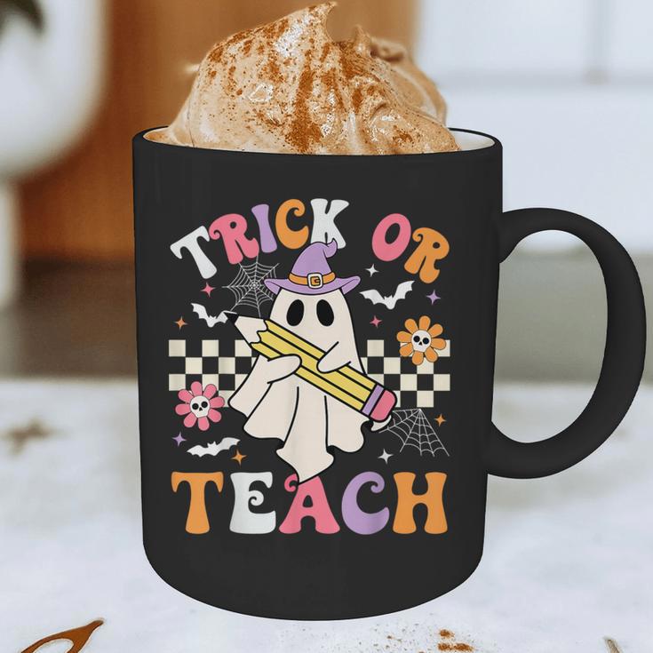 Trick Or Teach Groovy Teacher Halloween Retro Teacher Ghost Graphic Print Coffee Mug, novelty gifts, funny gifts